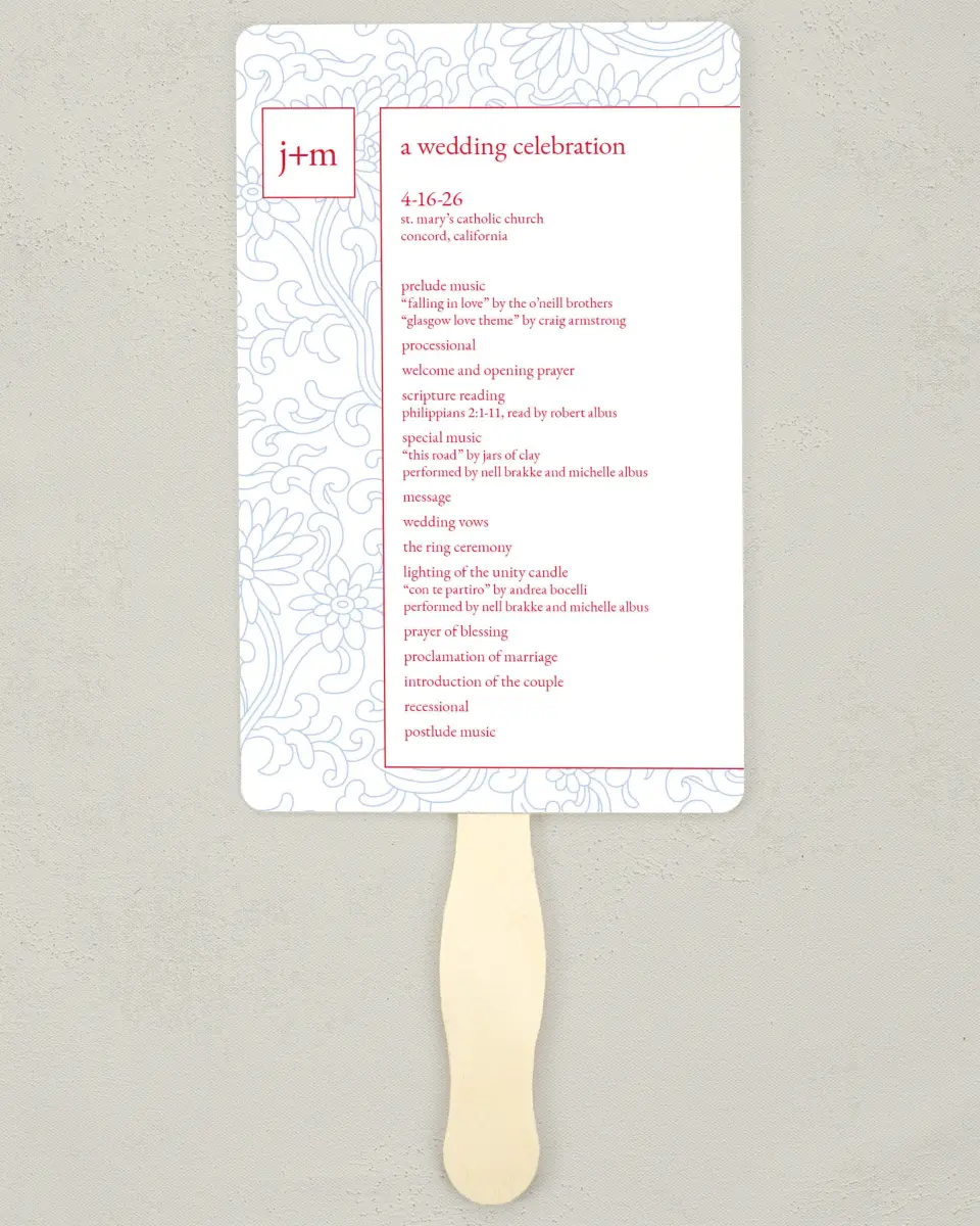 This is a 5" x 7⅞" Wedding Program Fan called Pristine Beauty printed in full color on Premium Smooth paper