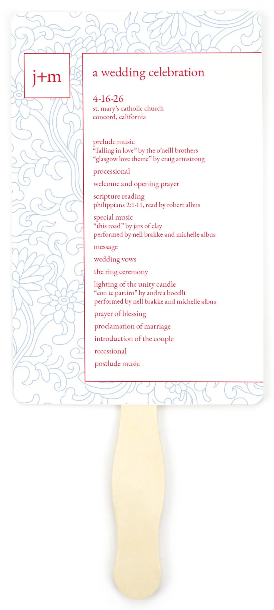 This is a 5" x 7⅞" Wedding Program Fan called Pristine Beauty printed in full color on Premium Smooth paper