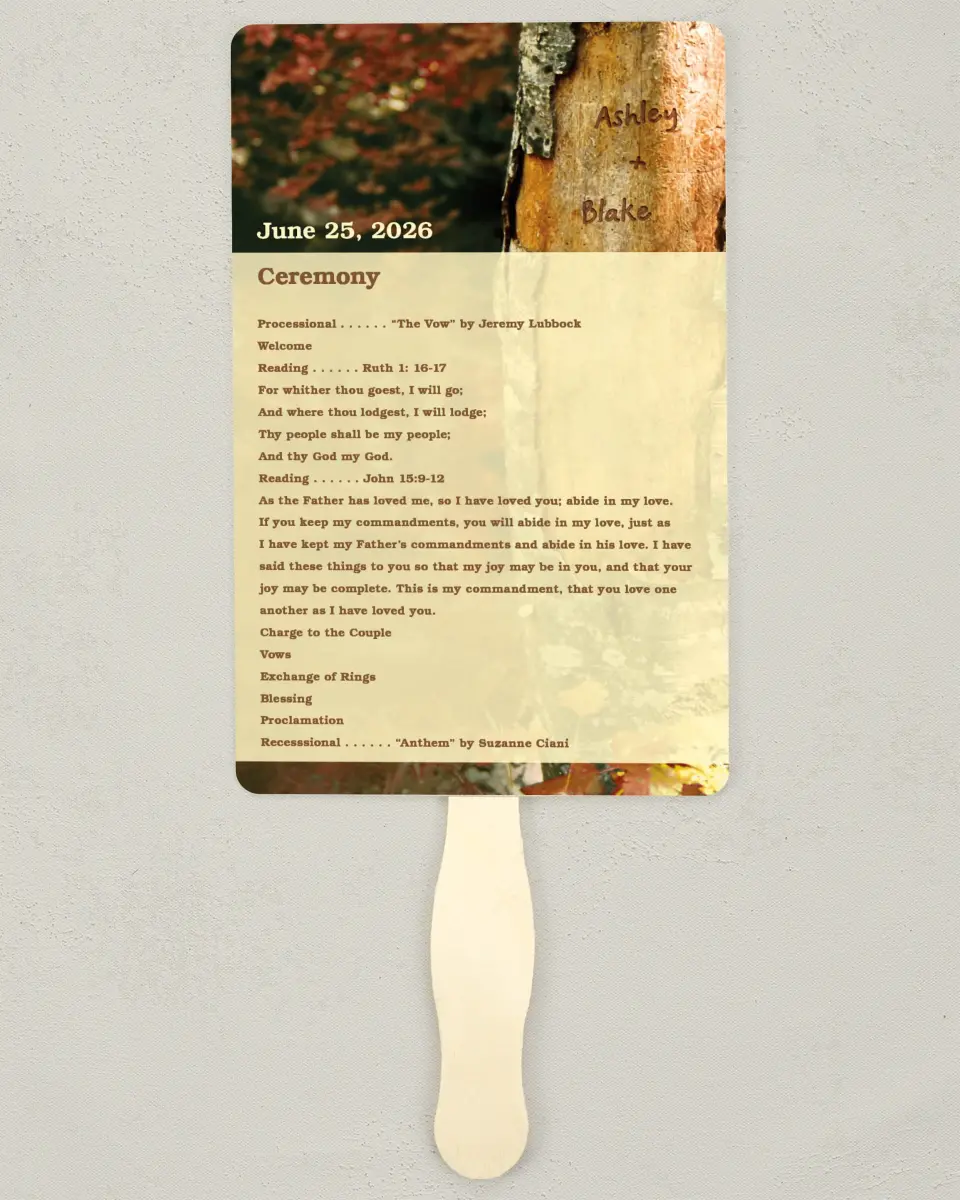 This is a 5" x 7⅞" Wedding Program Fan called Carved in Love - Autumn printed in full color on Premium Smooth paper