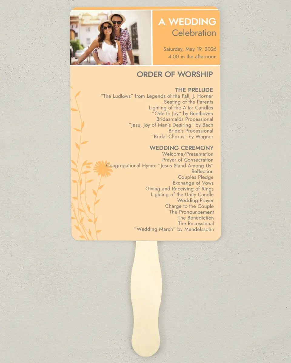This is a 5" x 7⅞" Wedding Program Fan called Field of Love printed in full color on Premium Smooth paper