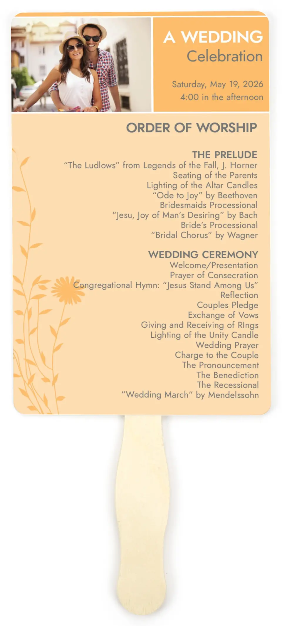 This is a 5" x 7⅞" Wedding Program Fan called Field of Love printed in full color on Premium Smooth paper