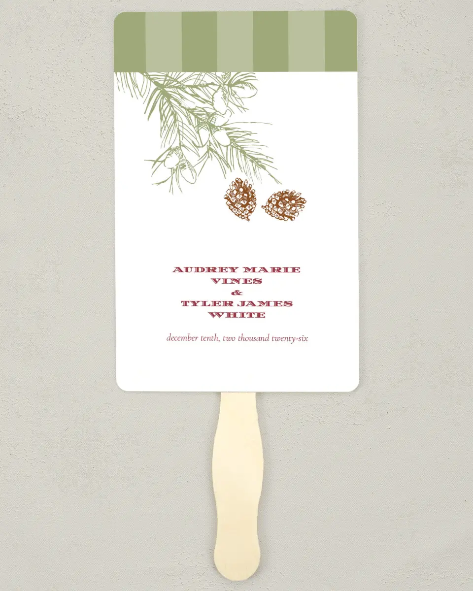 This is a 5" x 7⅞" Wedding Program Fan called Evergreen Christmas printed in full color on Premium Smooth paper