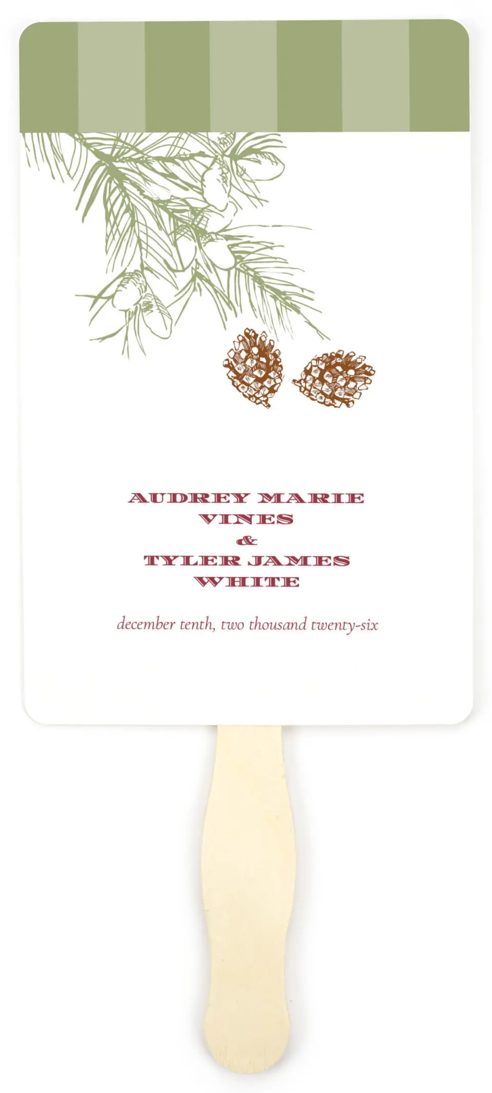 This is a 5" x 7⅞" Wedding Program Fan called Evergreen Christmas printed in full color on Premium Smooth paper