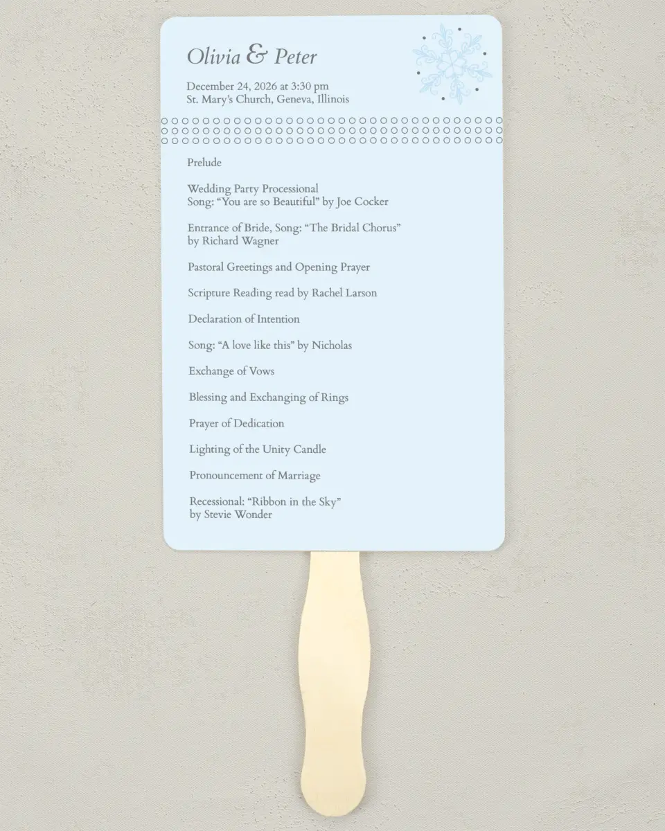 This is a 5" x 7⅞" Wedding Program Fan called Seasonal Snowflake printed in full color on Premium Smooth paper