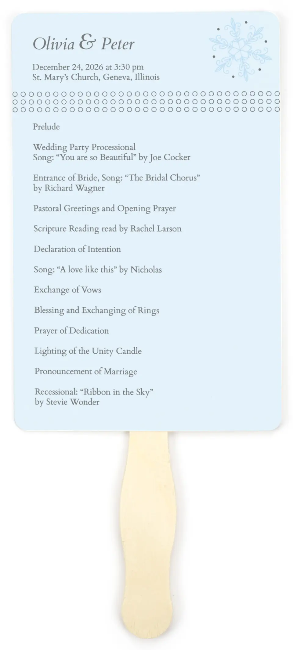 This is a 5" x 7⅞" Wedding Program Fan called Seasonal Snowflake printed in full color on Premium Smooth paper
