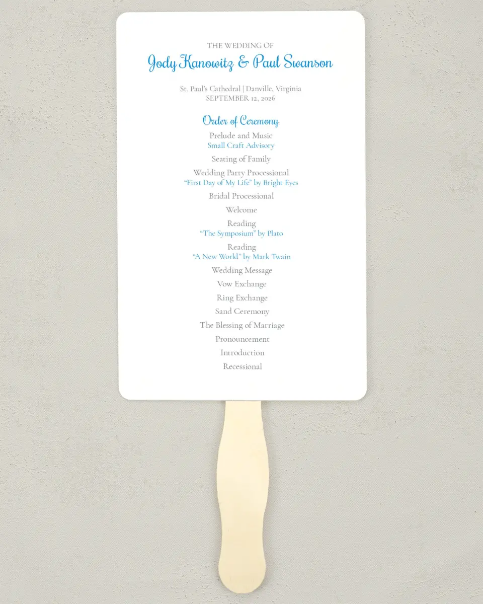 This is a 5" x 7⅞" Wedding Program Fan called On This Day printed in full color on Premium Smooth paper
