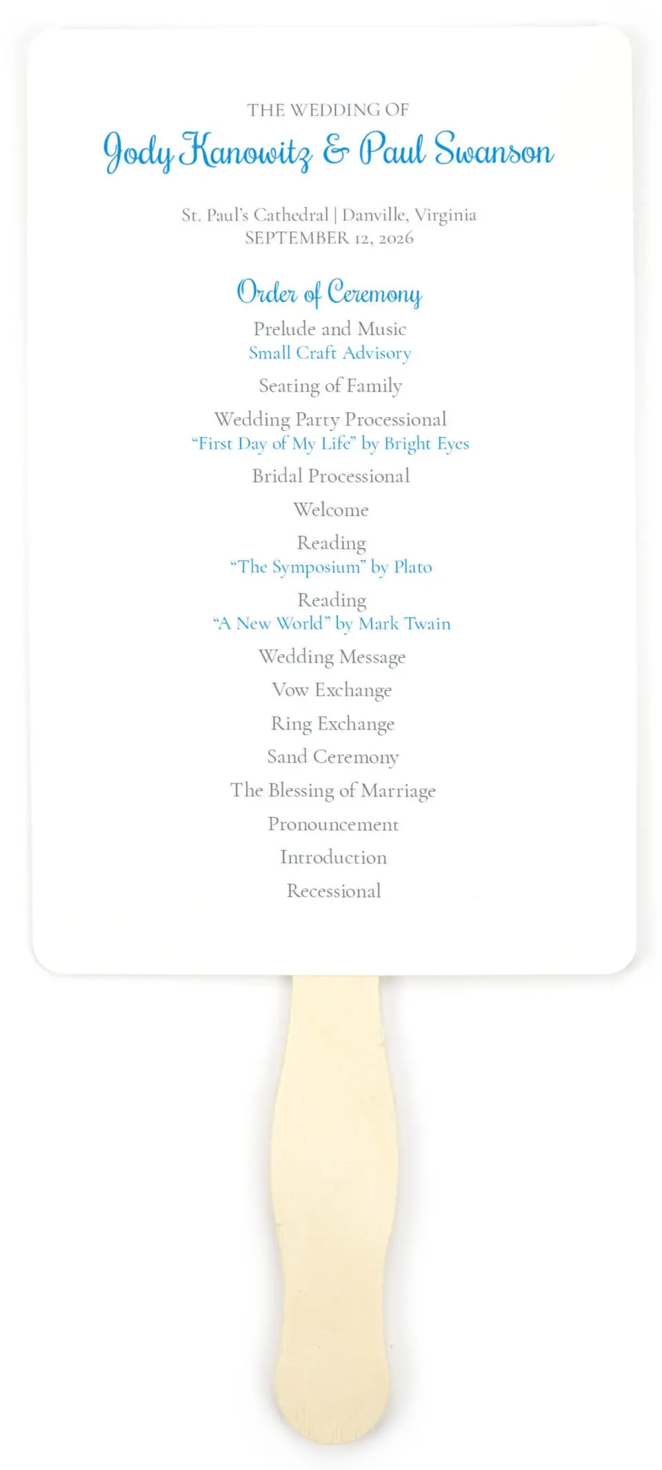 This is a 5" x 7⅞" Wedding Program Fan called On This Day printed in full color on Premium Smooth paper
