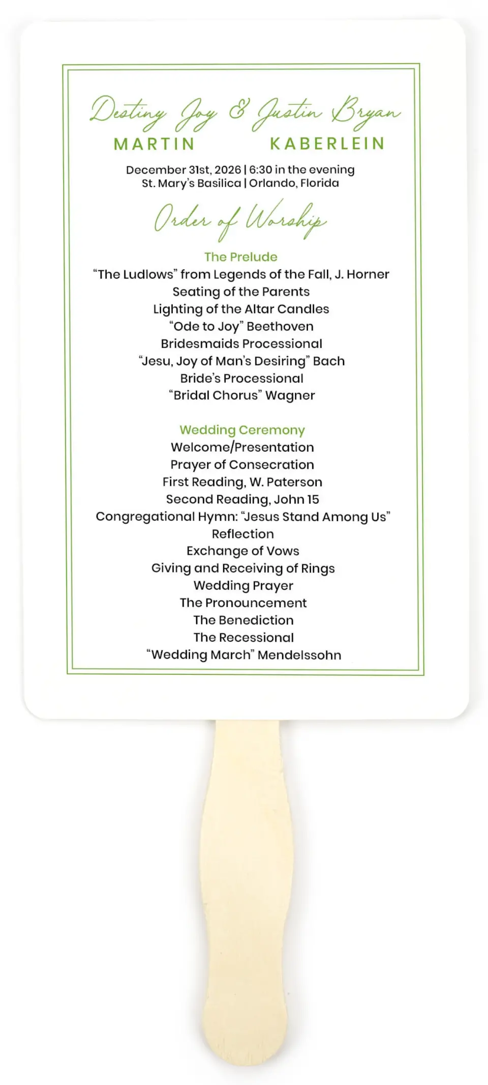 This is a 5" x 7⅞" Wedding Program Fan called Simplistic Splendor printed in full color on Premium Smooth paper