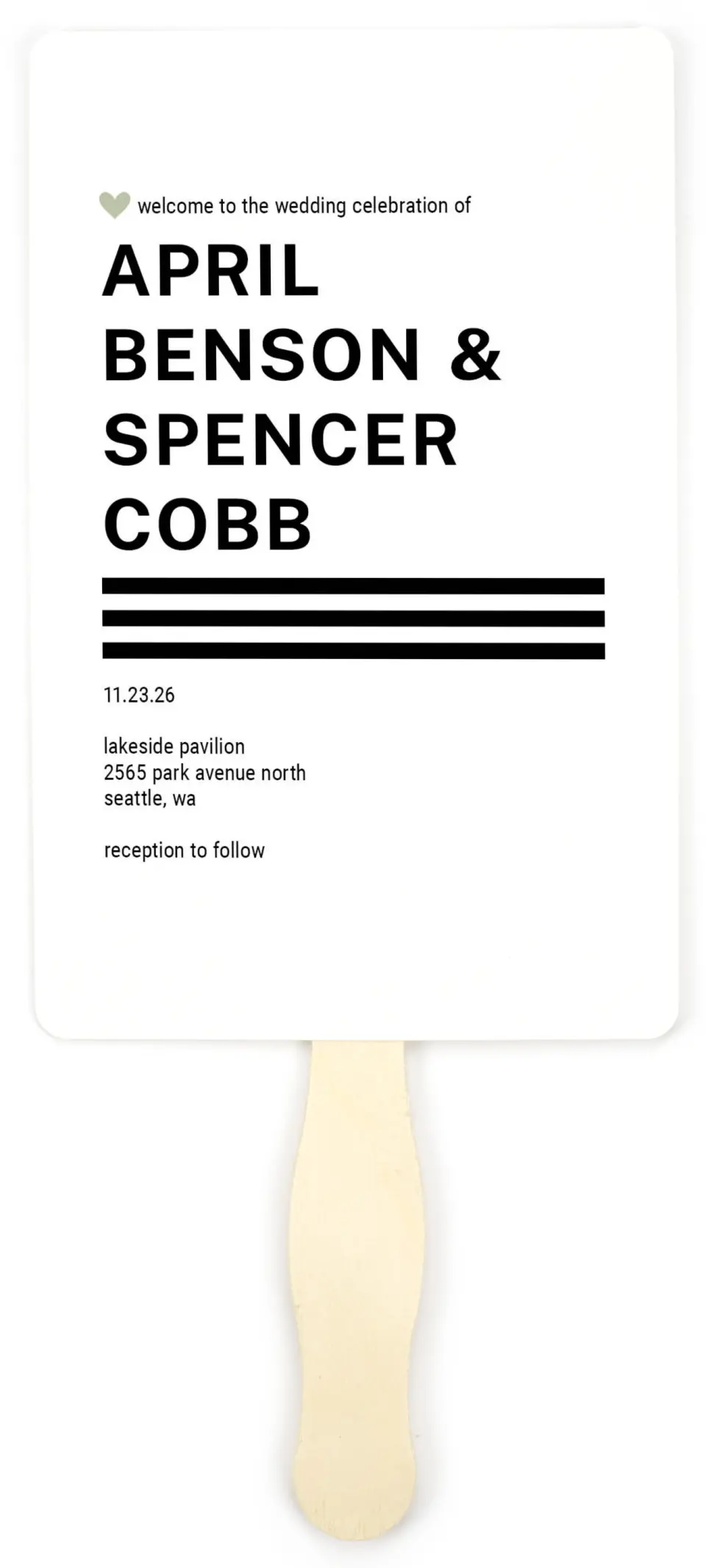 This is a 5" x 7⅞" Wedding Program Fan called Modern Typography printed in full color on Premium Smooth paper