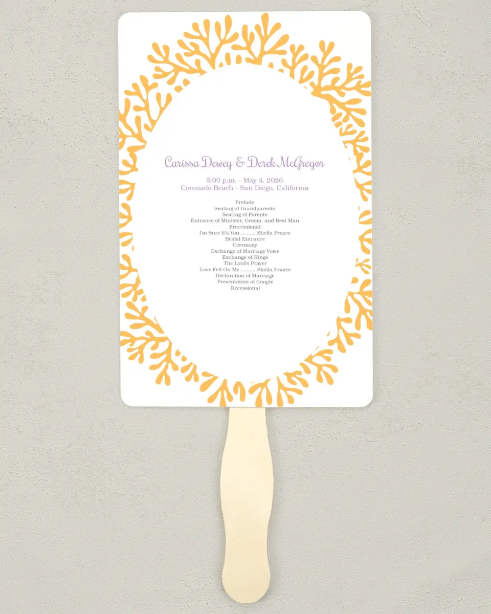 This is a 5" x 7⅞" Wedding Program Fan called Watercolor Coral printed in full color on Premium Smooth paper