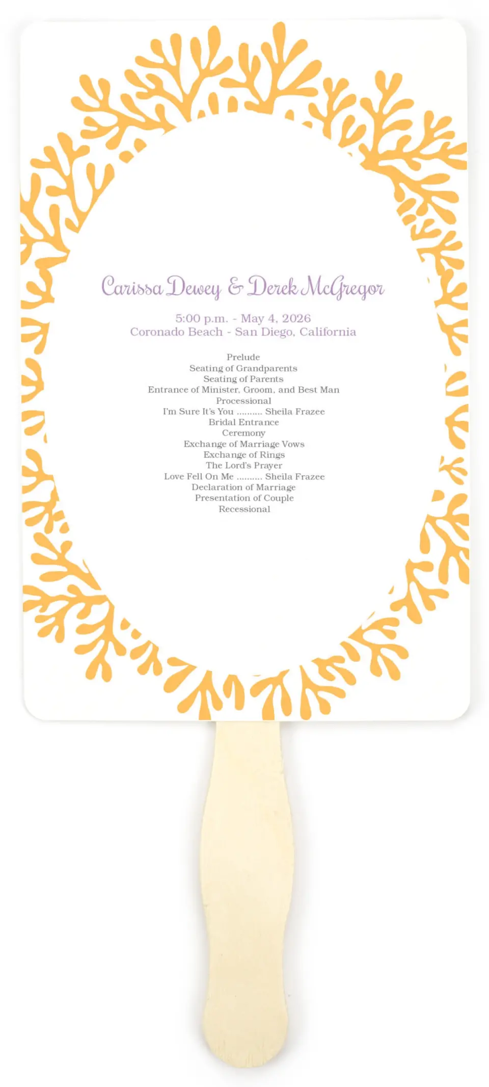 This is a 5" x 7⅞" Wedding Program Fan called Watercolor Coral printed in full color on Premium Smooth paper