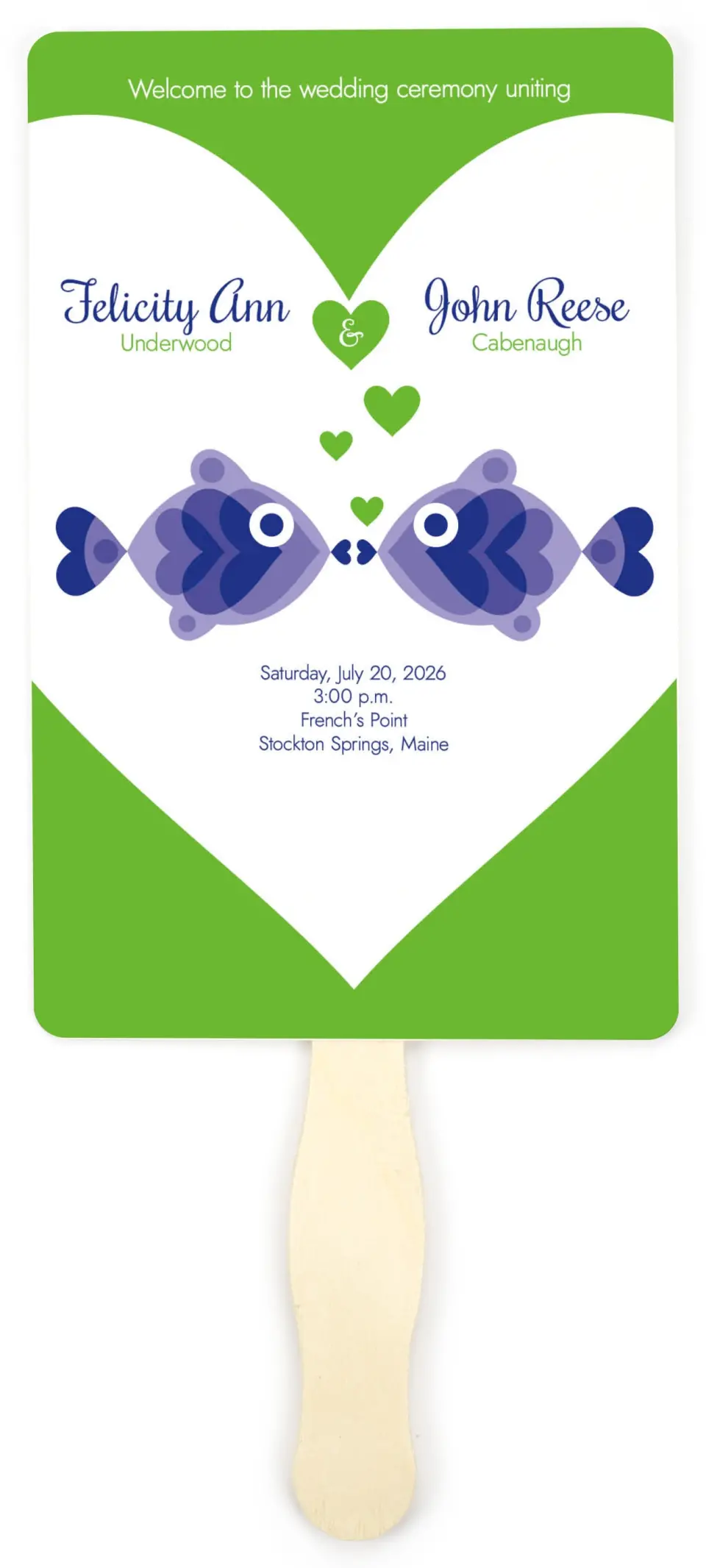 This is a 5" x 7⅞" Wedding Program Fan called Pucker Up printed in full color on Premium Smooth paper