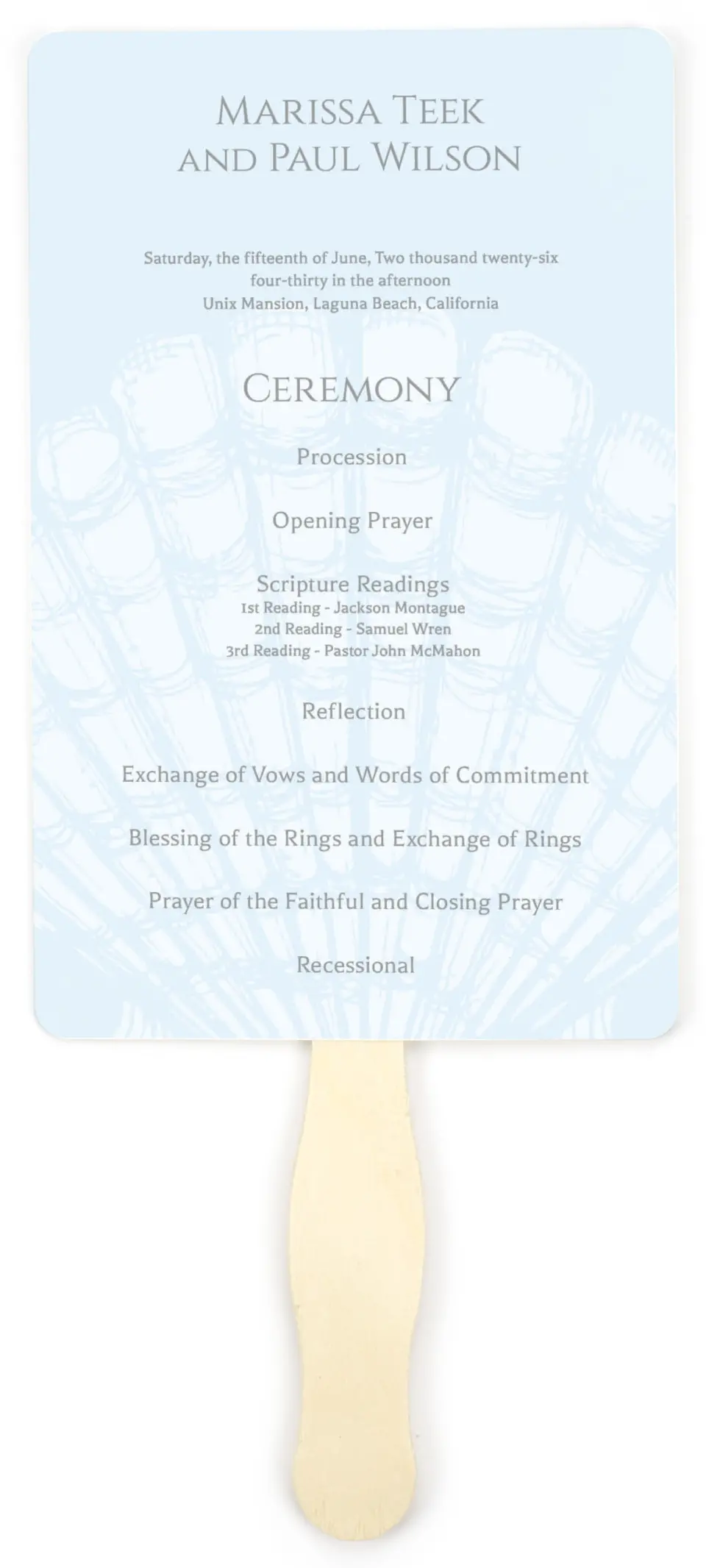 This is a 5" x 7⅞" Wedding Program Fan called Scallop Seashell printed in full color on Premium Smooth paper