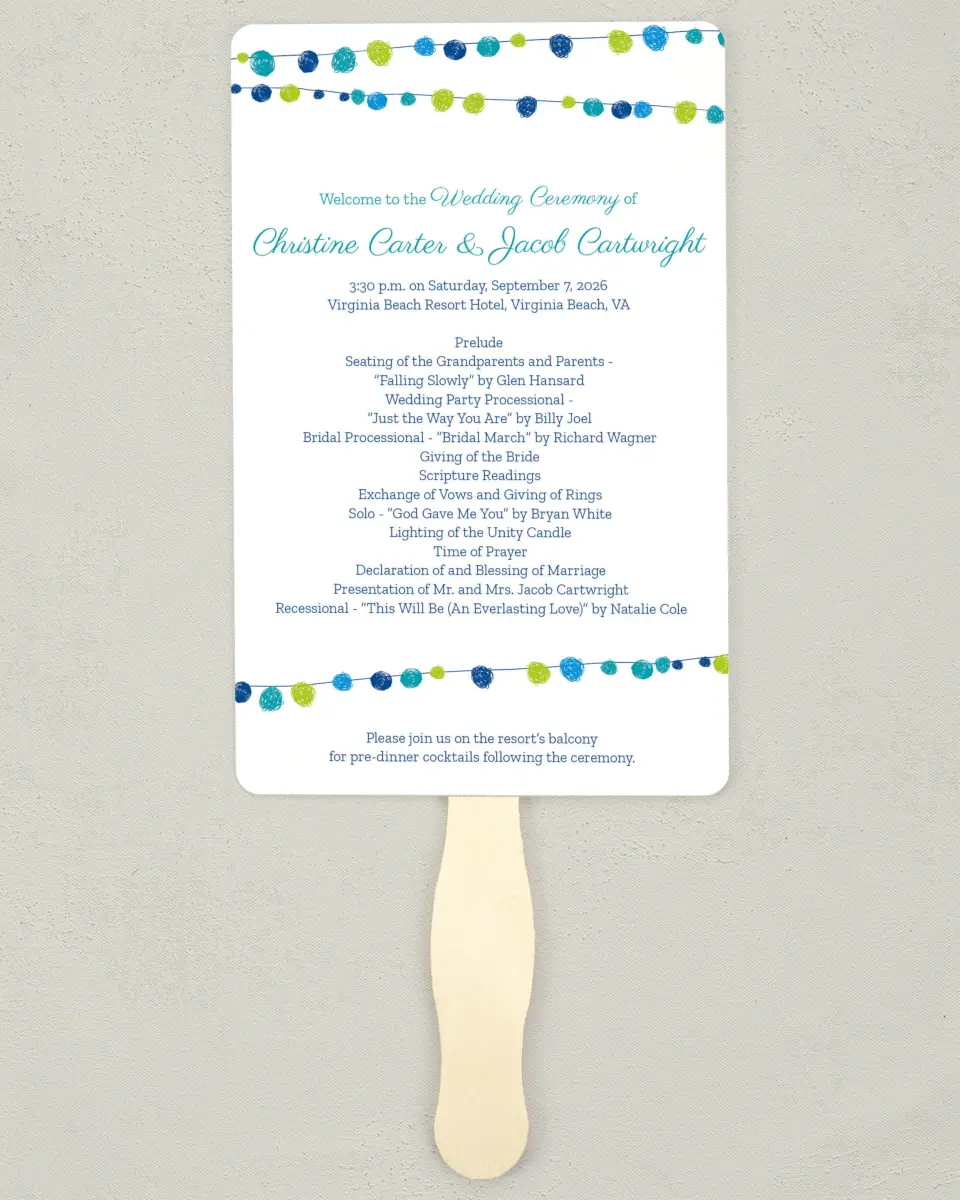 This is a 5" x 7⅞" Wedding Program Fan called Lantern Scribbles printed in full color on Premium Smooth paper