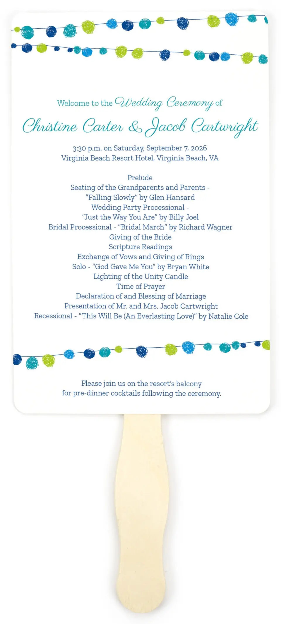 This is a 5" x 7⅞" Wedding Program Fan called Lantern Scribbles printed in full color on Premium Smooth paper