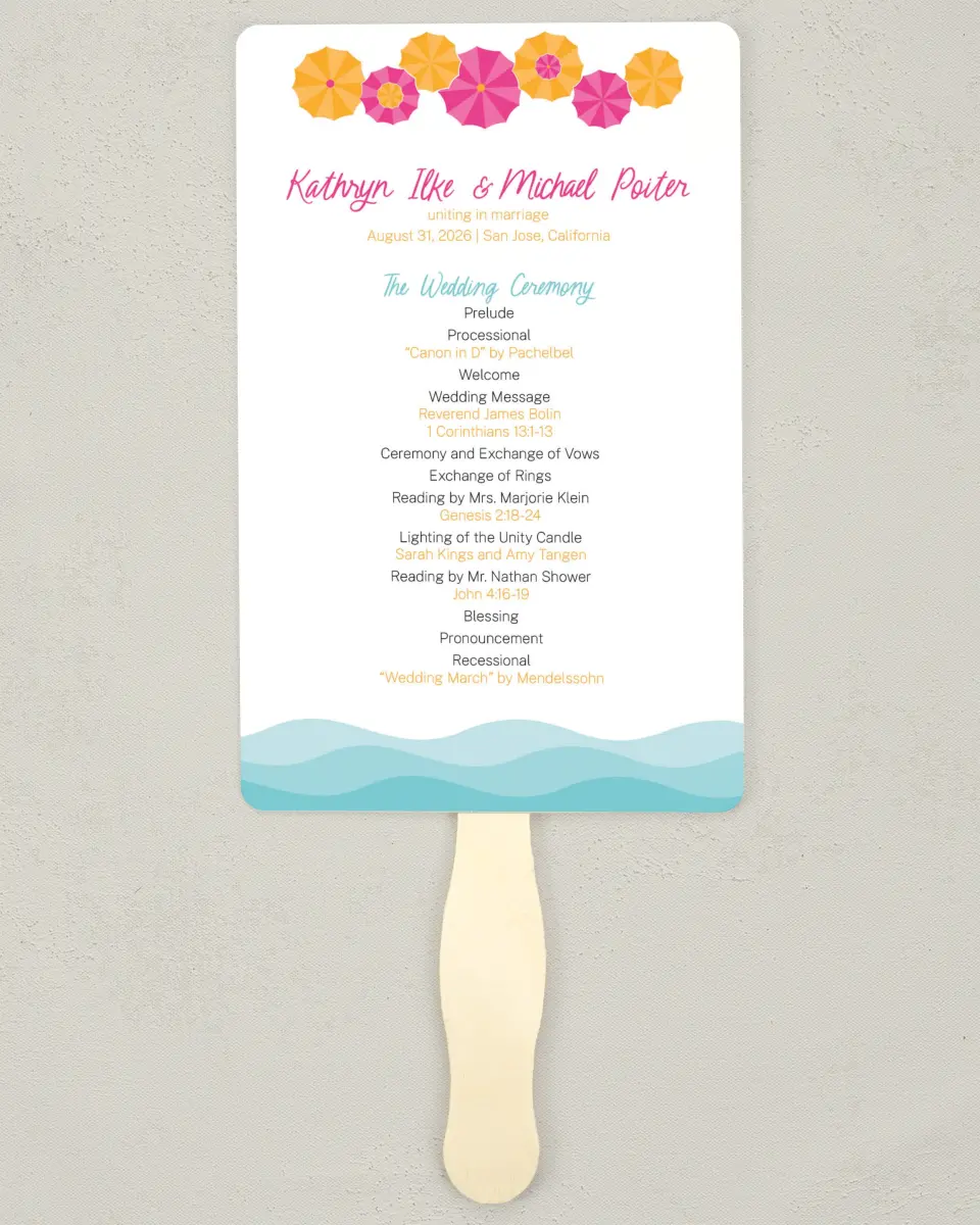 This is a 5" x 7⅞" Wedding Program Fan called Playful Parasols printed in full color on Premium Smooth paper