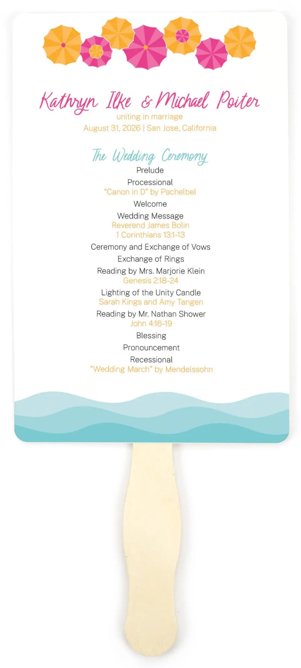 This is a 5" x 7⅞" Wedding Program Fan called Playful Parasols printed in full color on Premium Smooth paper
