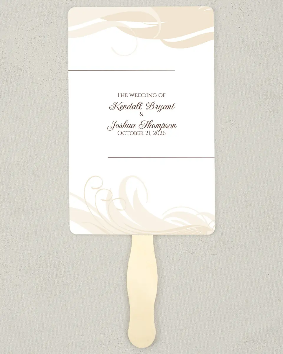 This is a 5" x 7⅞" Wedding Program Fan called Whispering Feather printed in full color on Premium Smooth paper