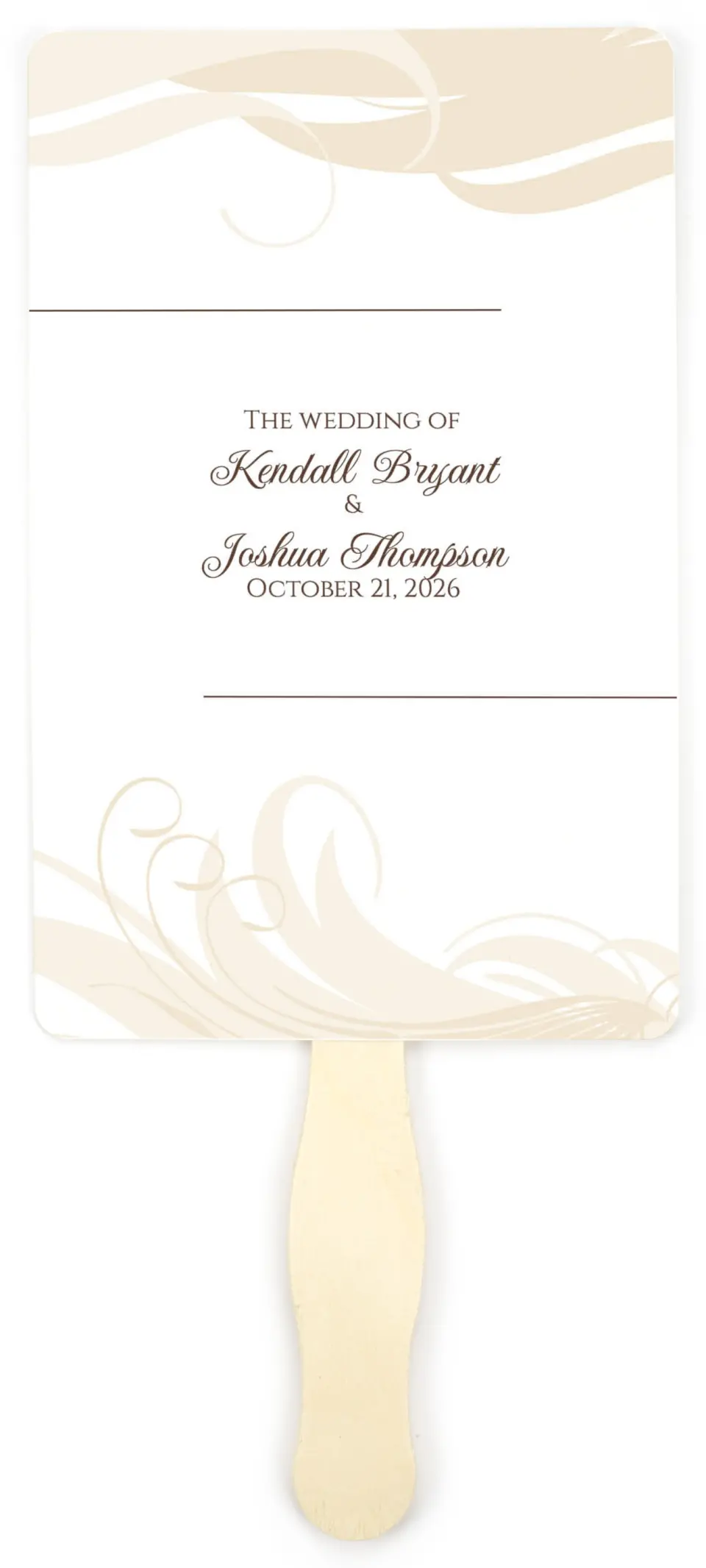 This is a 5" x 7⅞" Wedding Program Fan called Whispering Feather printed in full color on Premium Smooth paper