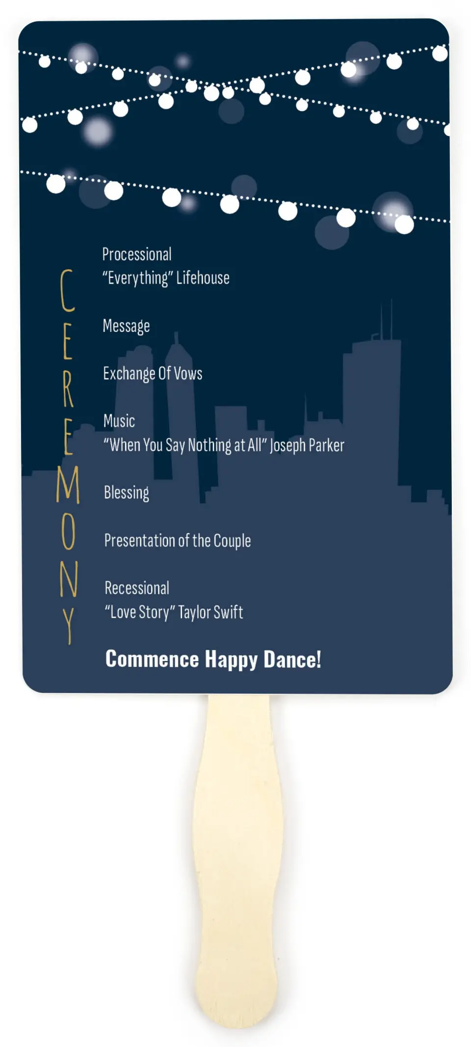 This is a 5" x 7⅞" Wedding Program Fan called Rooftop Party printed in full color on Premium Smooth paper