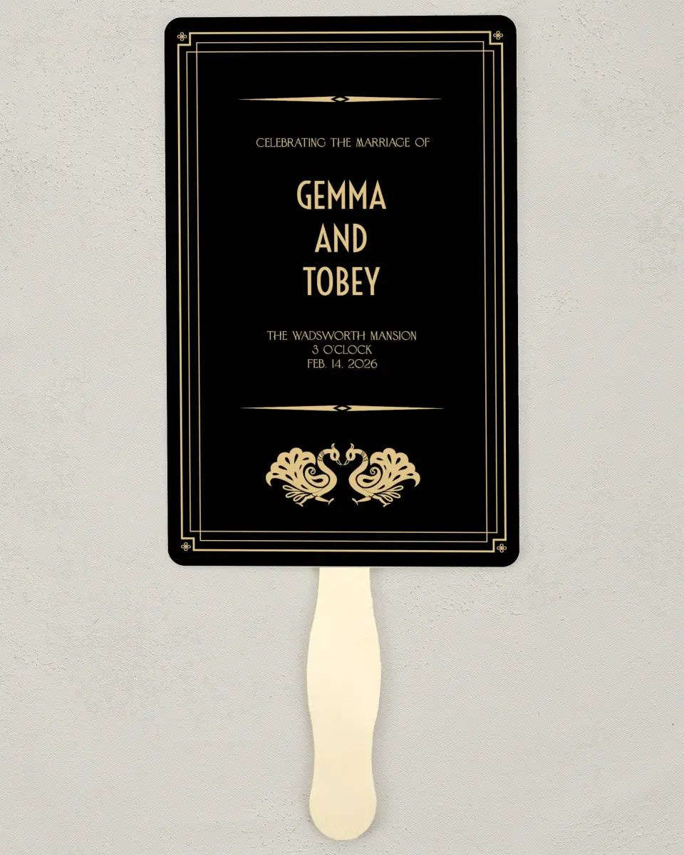 This is a 5" x 7⅞" Wedding Program Fan called Deco Glam printed in full color on Premium Smooth paper