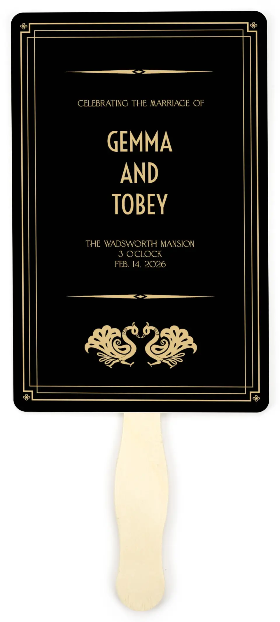 This is a 5" x 7⅞" Wedding Program Fan called Deco Glam printed in full color on Premium Smooth paper