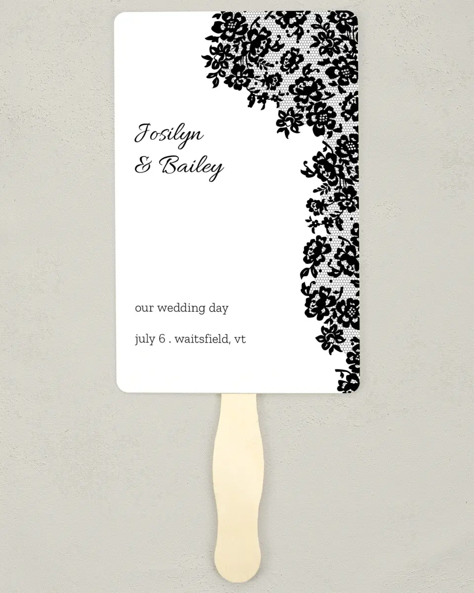 This is a 5" x 7⅞" Wedding Program Fan called Floral Lace printed in full color with Silver foil on Luxe Satin (coated) paper