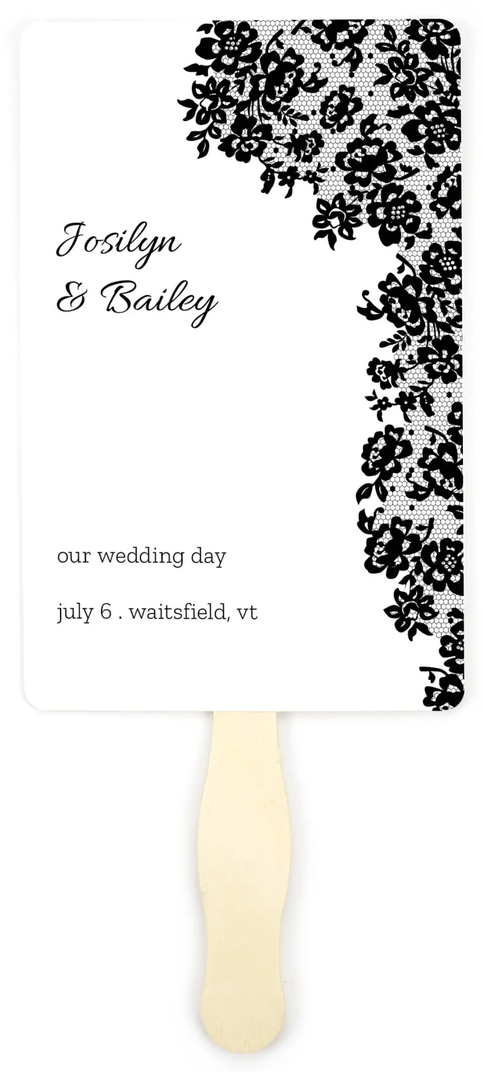 This is a 5" x 7⅞" Wedding Program Fan called Floral Lace printed in full color on Premium Smooth paper