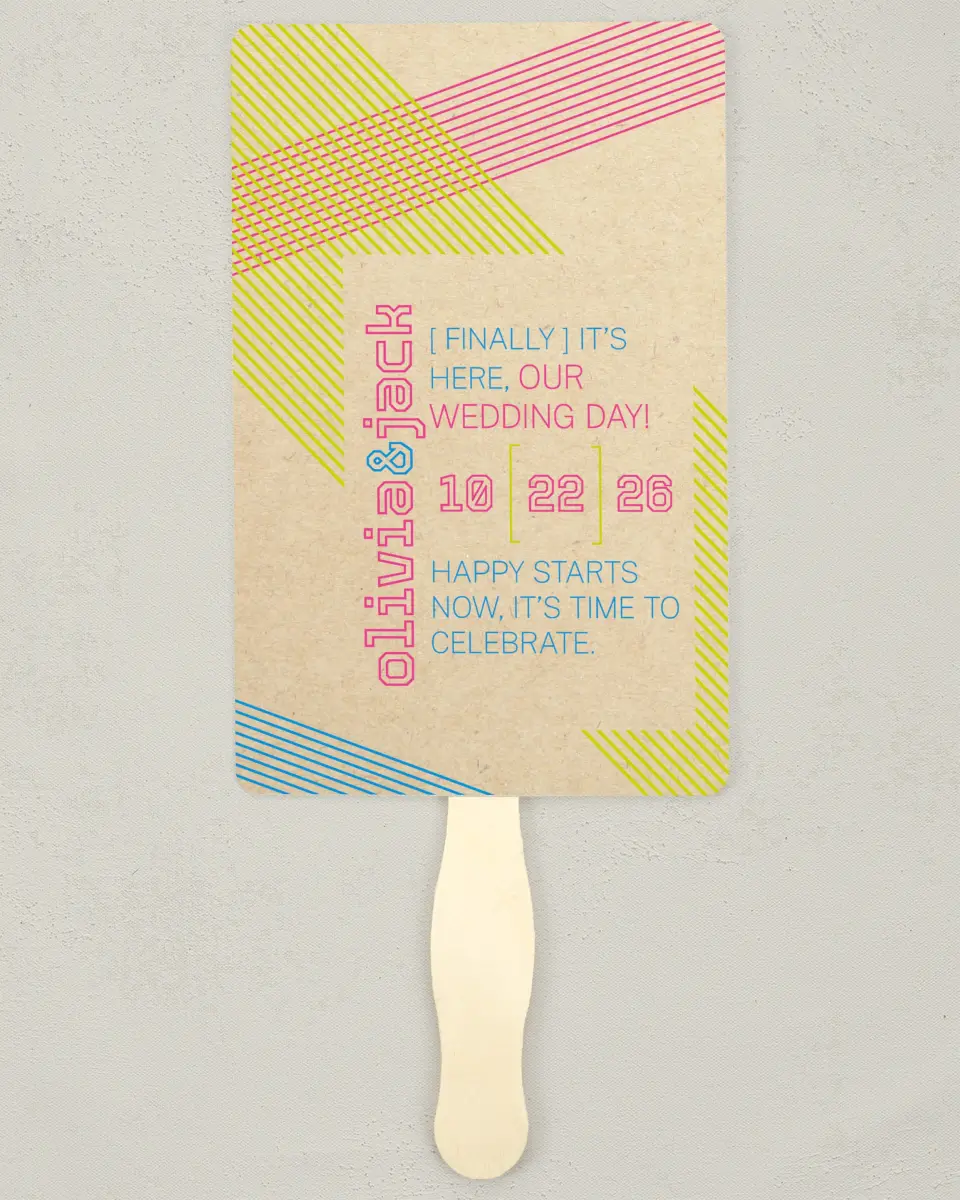 This is a 5" x 7⅞" Wedding Program Fan called Flirty Neon printed in full color on Premium Smooth paper