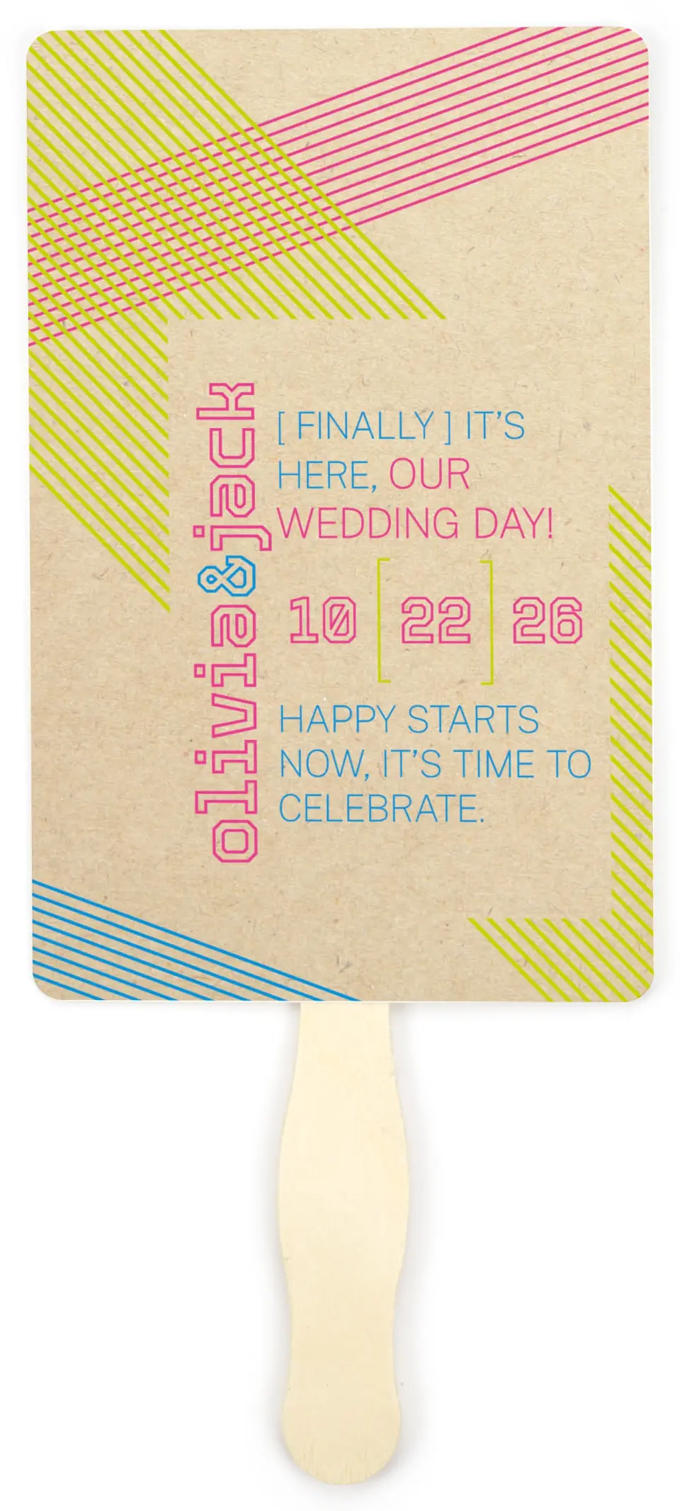 This is a 5" x 7⅞" Wedding Program Fan called Flirty Neon printed in full color on Premium Smooth paper