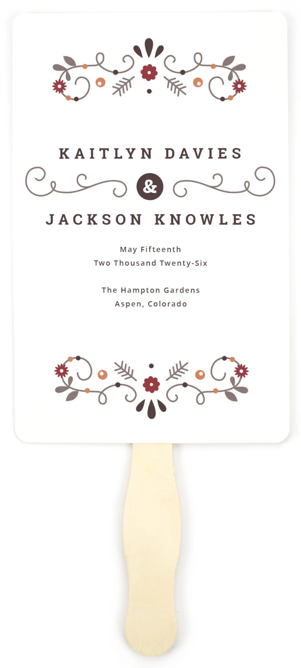 This is a 5" x 7⅞" Wedding Program Fan called Fall Treasures printed in full color on Premium Smooth paper