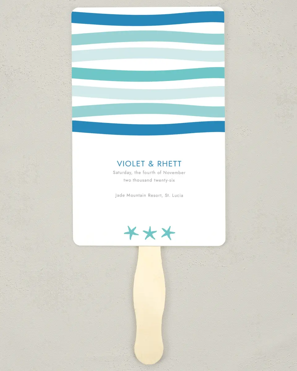 This is a 5" x 7⅞" Wedding Program Fan called Making Waves printed in full color on Premium Smooth paper