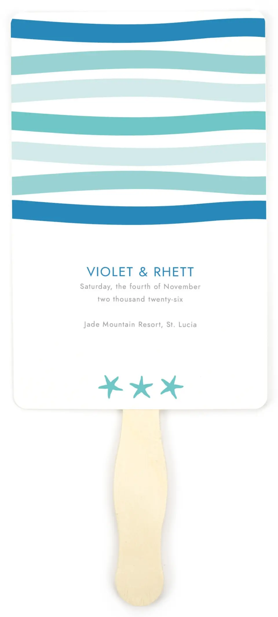 This is a 5" x 7⅞" Wedding Program Fan called Making Waves printed in full color on Premium Smooth paper