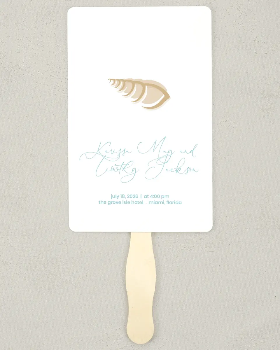 This is a 5" x 7⅞" Wedding Program Fan called Salty Kisses printed in full color on Premium Smooth paper