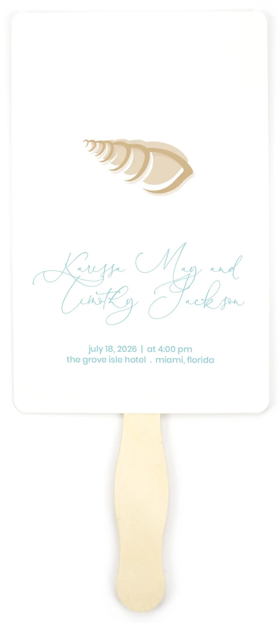 This is a 5" x 7⅞" Wedding Program Fan called Salty Kisses printed in full color on Premium Smooth paper