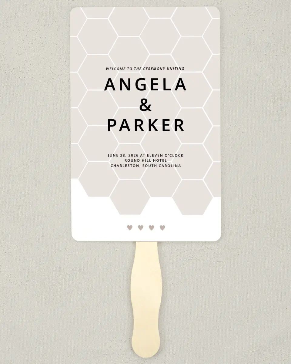 This is a 5" x 7⅞" Wedding Program Fan called Honeycomb Sweetness printed in full color on Premium Smooth paper