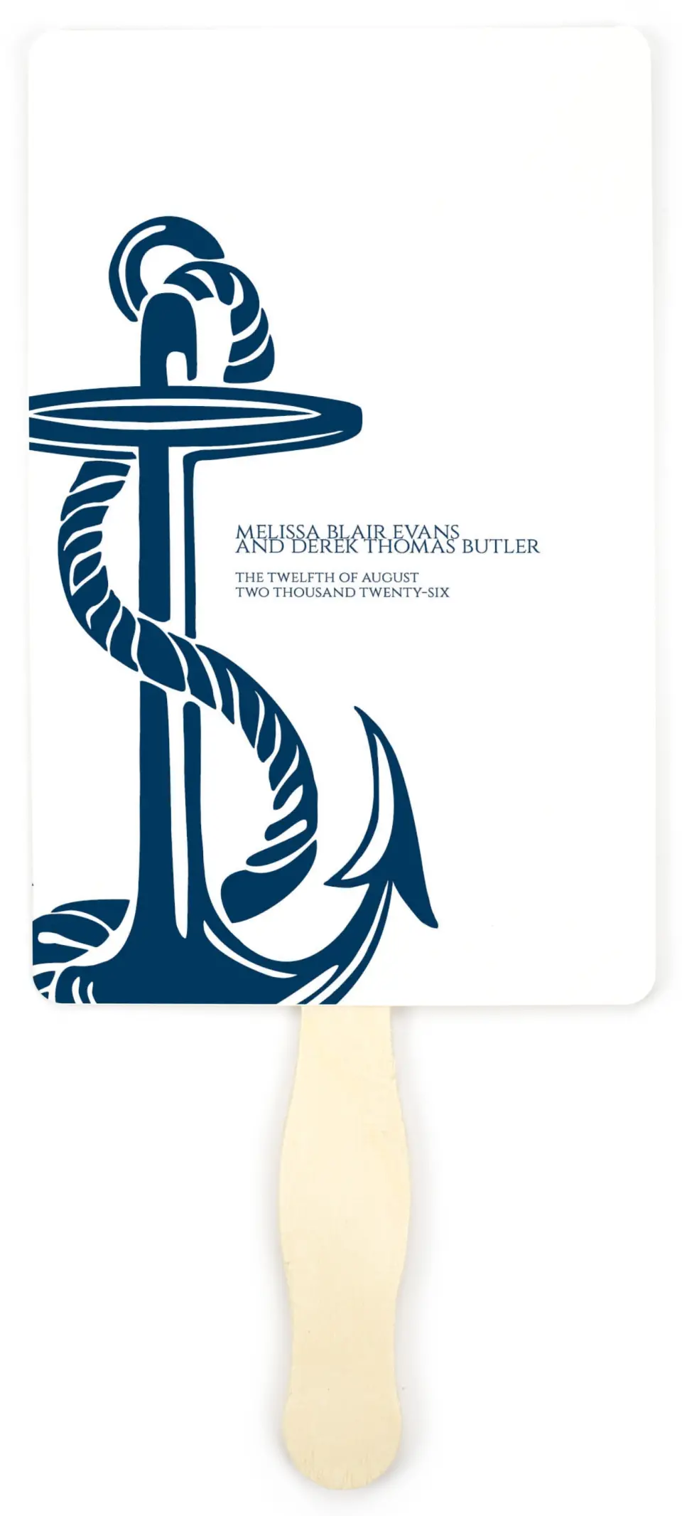 This is a 5" x 7⅞" Wedding Program Fan called Love's Anchor printed in full color on Premium Smooth paper