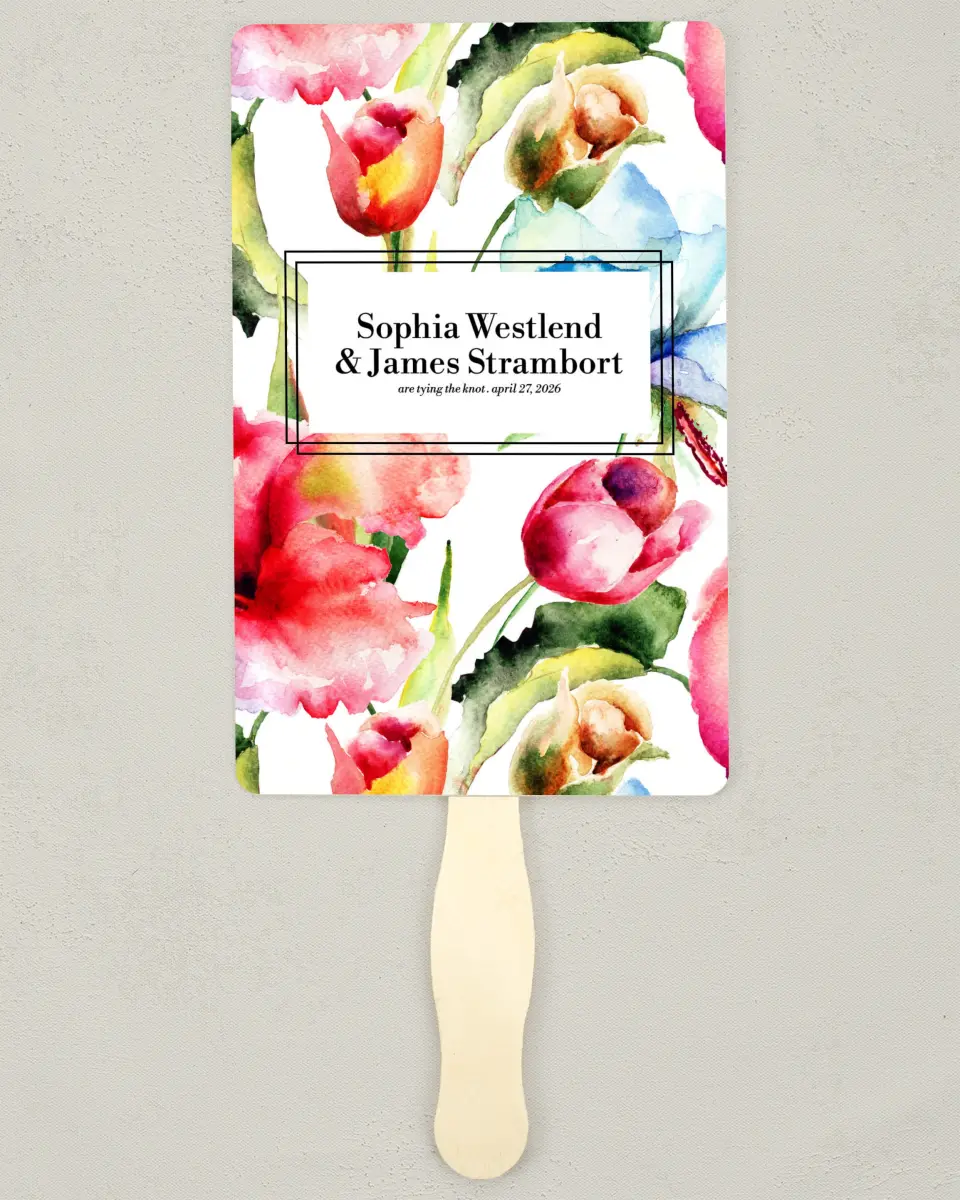 This is a 5" x 7⅞" Wedding Program Fan called Floral Watercolor printed in full color on Premium Smooth paper