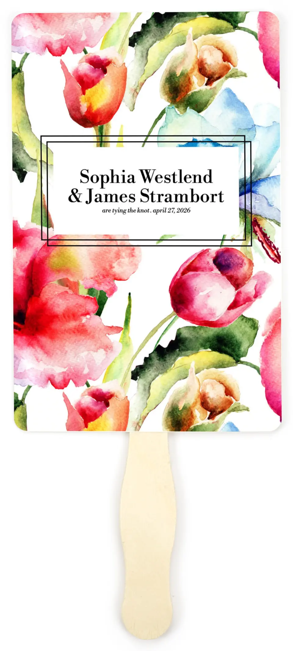 This is a 5" x 7⅞" Wedding Program Fan called Floral Watercolor printed in full color with Gold foil on Luxe Satin (coated) paper