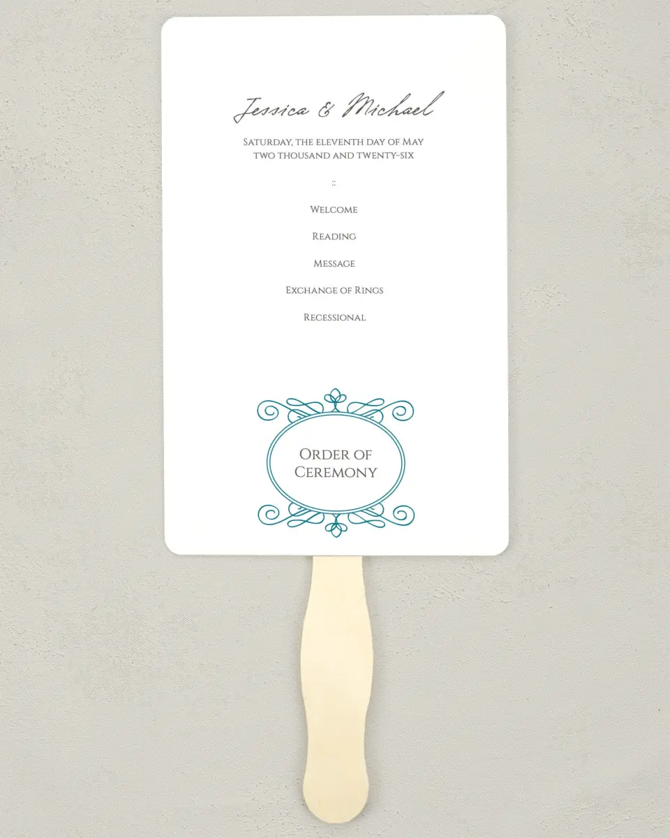 This is a 5" x 7⅞" Wedding Program Fan called Simple Luxury printed in full color on Premium Smooth paper