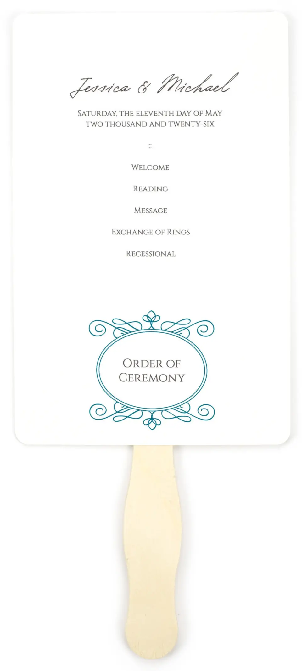 This is a 5" x 7⅞" Wedding Program Fan called Simple Luxury printed in full color on Premium Smooth paper