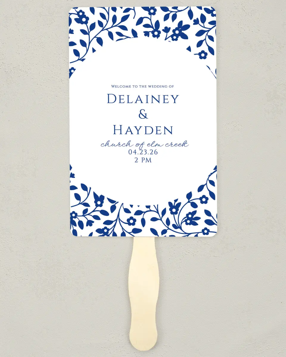 This is a 5" x 7⅞" Wedding Program Fan called Secret Garden printed in full color on Premium Smooth paper