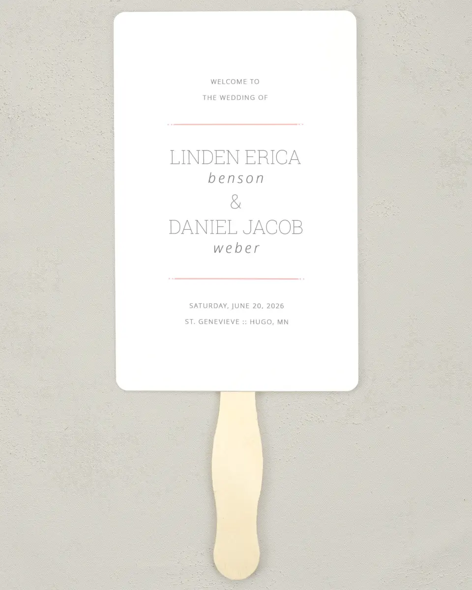This is a 5" x 7⅞" Wedding Program Fan called Sweetly Charmed printed in full color with Rose Gold foil on Luxe Satin (coated) paper
