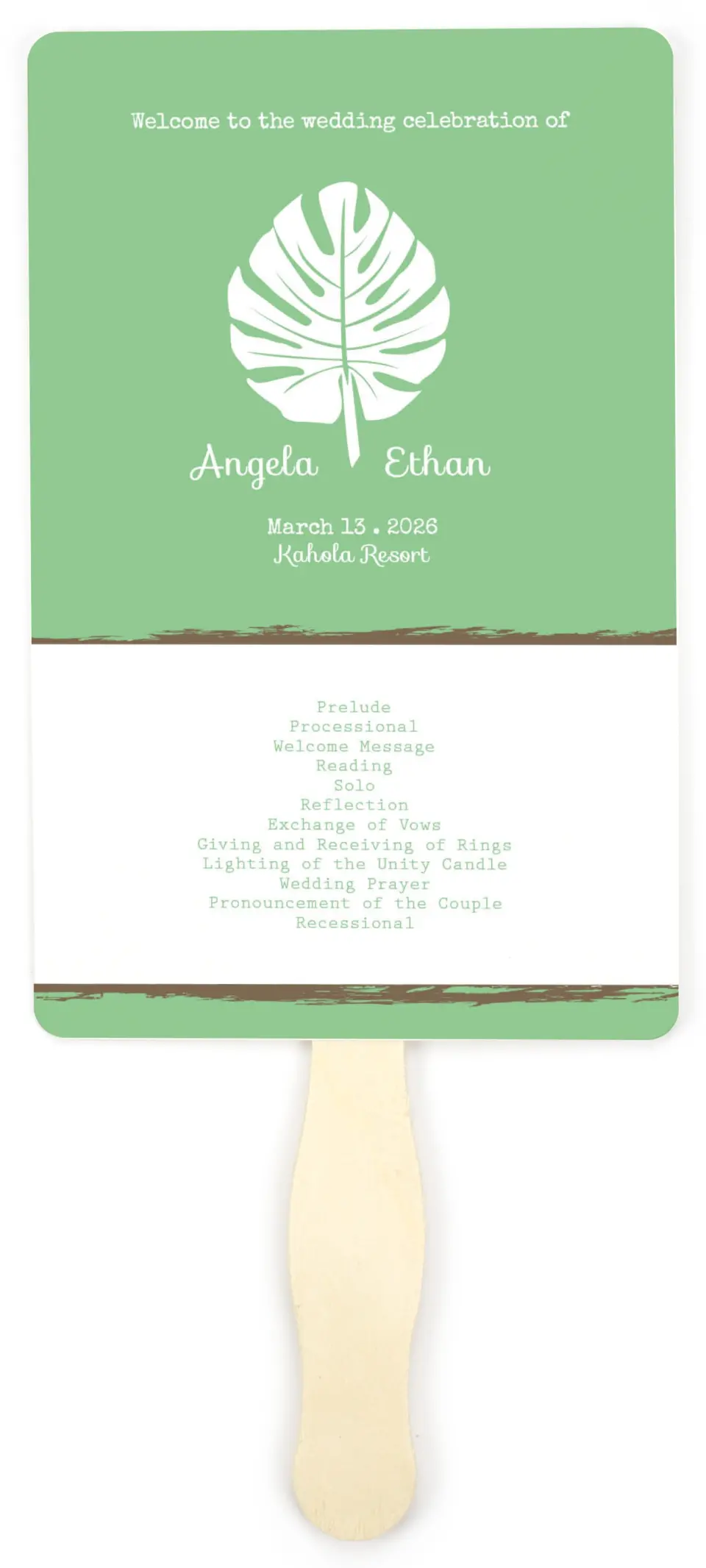 This is a 5" x 7⅞" Wedding Program Fan called Palms in Paradise printed in full color on Premium Smooth paper