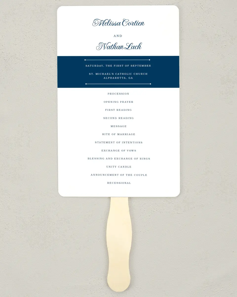 This is a 5" x 7⅞" Wedding Program Fan called Grand Soiree printed in full color on Premium Smooth paper