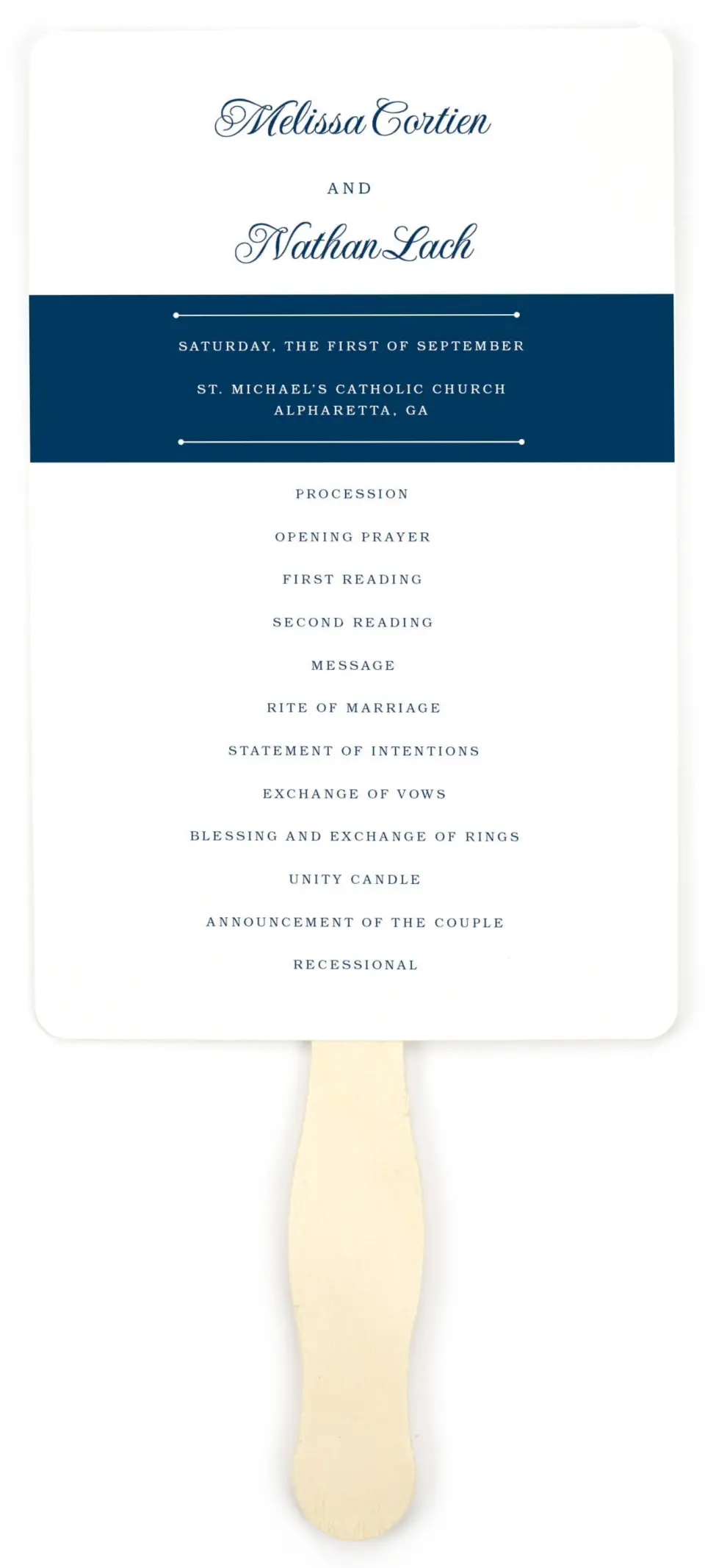 This is a 5" x 7⅞" Wedding Program Fan called Grand Soiree printed in full color on Premium Smooth paper