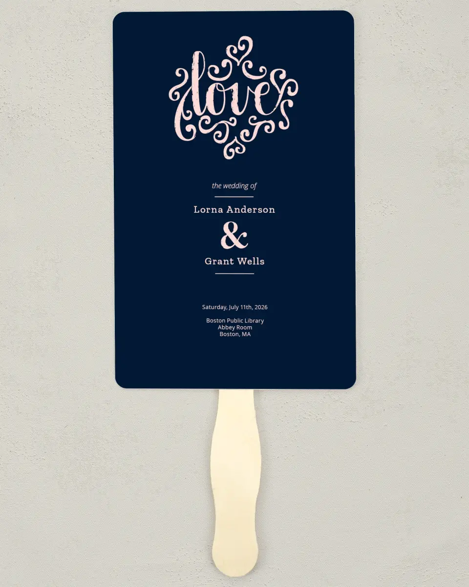 This is a 5" x 7⅞" Wedding Program Fan called Love Letters printed in full color with Silver foil on Luxe Satin (coated) paper