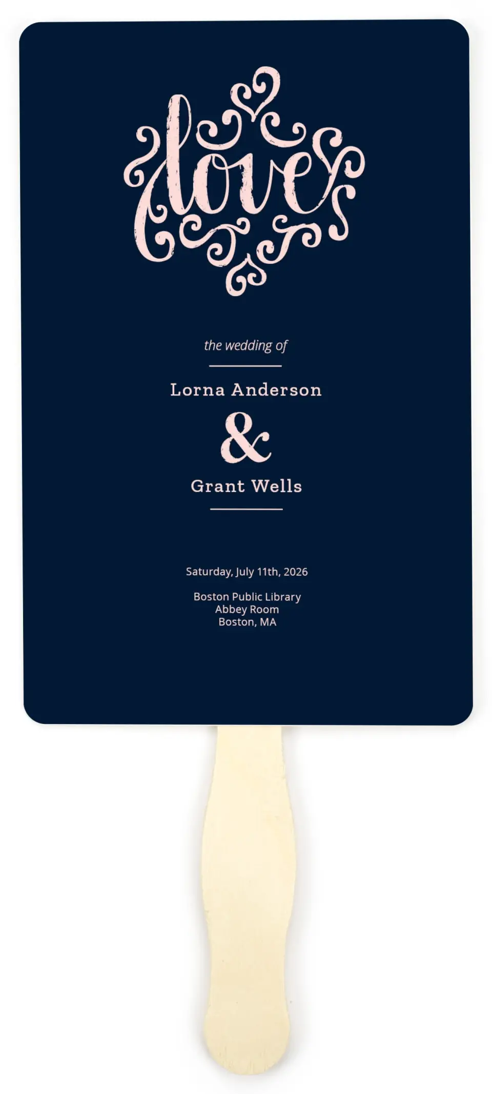 This is a 5" x 7⅞" Wedding Program Fan called Love Letters printed in full color on Premium Smooth paper