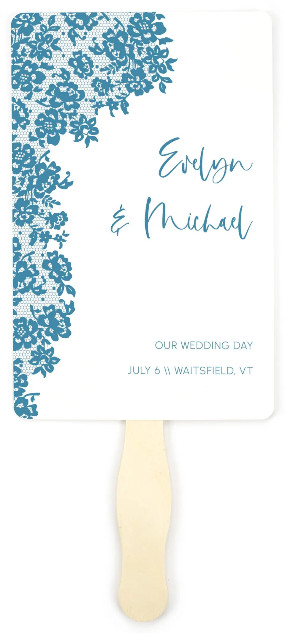 This is a 5" x 7⅞" Wedding Program Fan called Modern Lace printed in full color on Premium Smooth paper