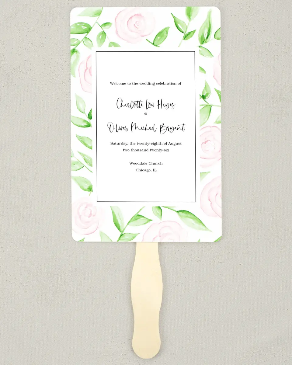 This is a 5" x 7⅞" Wedding Program Fan called Painterly Bouquet printed in full color on Premium Smooth paper